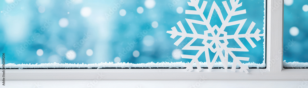 Poster close up of white paper snowflakes on window, creating wintery atmosphere with soft blue background