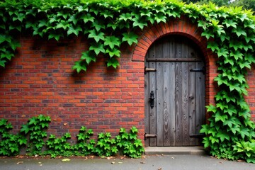 Old red brick wall with ivy vines and a weathered wooden gate, gate, outdoors, vintage