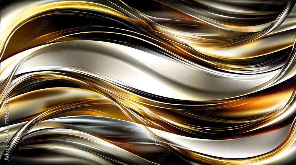 Poster a dynamic abstract design featuring flowing waves of gold, silver, and black, creating a sense of mo