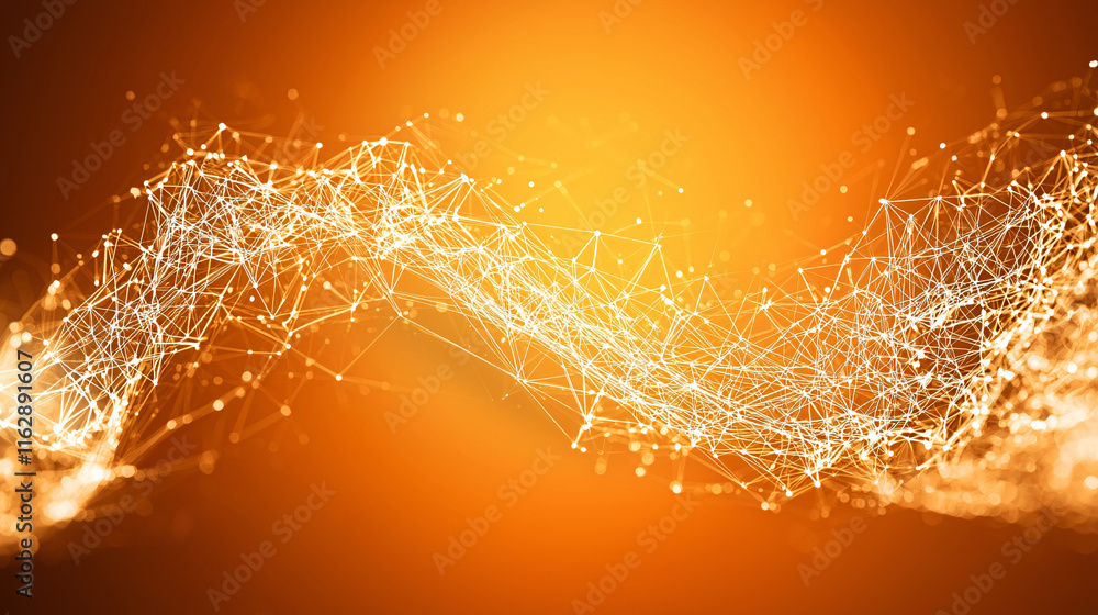 Poster a vibrant abstract image featuring a flowing wave of interconnected light particles against an orang