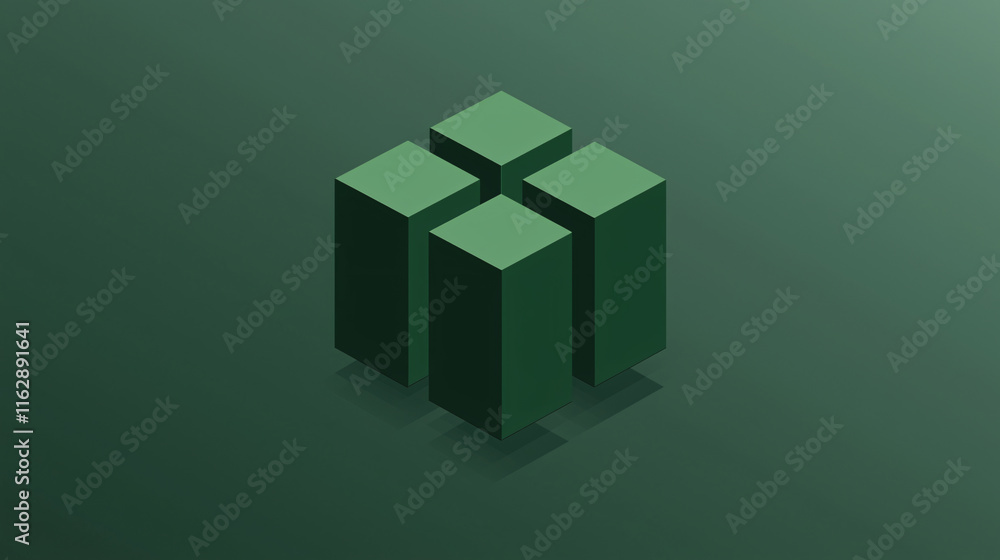 Poster a minimalist design featuring green blocks arranged in a symmetrical pattern, set against a darker g