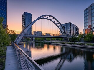 Naklejka premium Modern arched bridge over calm canal at sunset, reflecting city skyline.