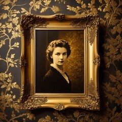 Elegant portrait of a royal  in a vintage golden frame with intricate details, set against a...