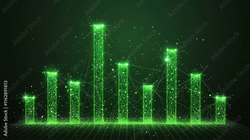 Poster a vibrant green graph with vertical bars, representing data trends and analytics against a digital g
