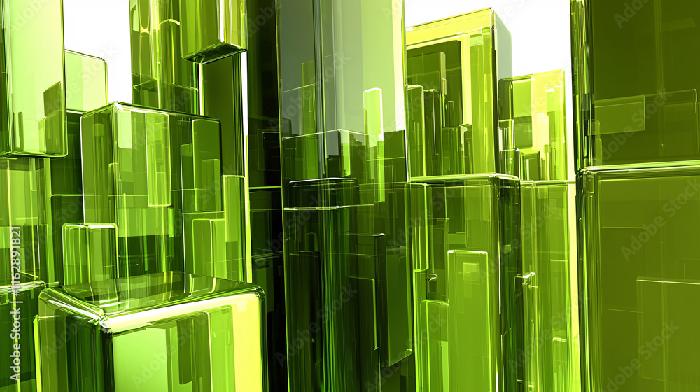 Poster a vibrant abstract scene featuring translucent green blocks, creating a futuristic and immersive env