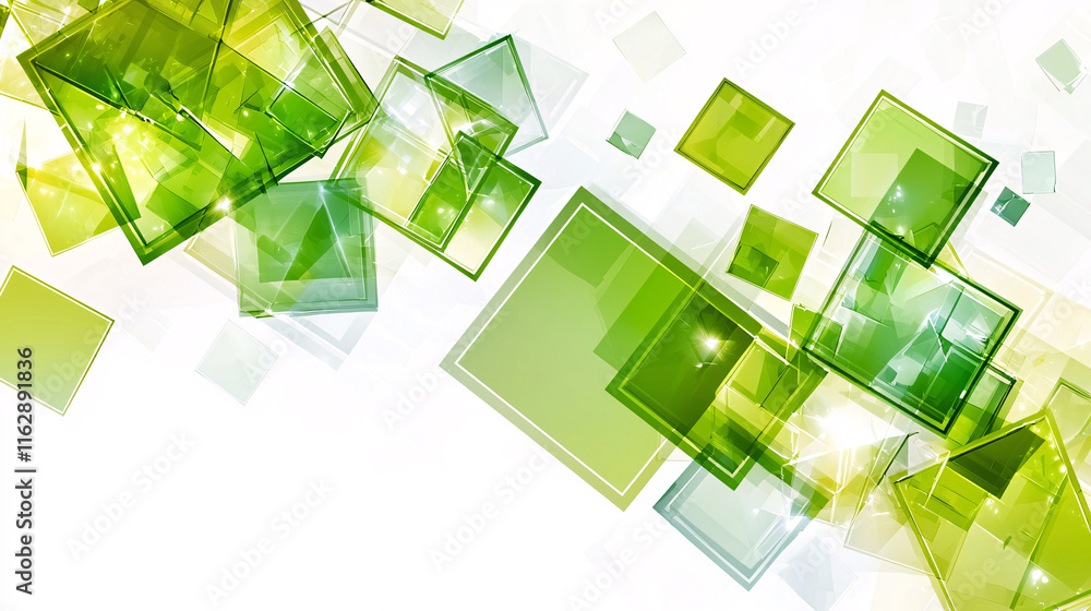 Poster abstract design featuring various green, translucent squares and rectangles scattered across a white