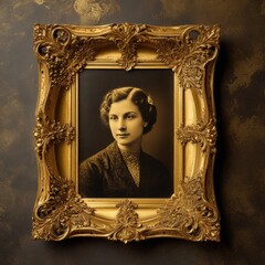 Elegant portrait of a royal  in a vintage golden frame with intricate details, set against a luxurious textured gold and black