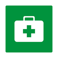 Green sign first aid kit. Indicates the location of a first aid kit containing means for providing first medical aid in emergency situations. First aid means. Iso 7010.