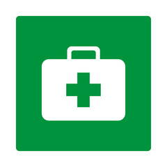 Green sign first aid kit. Indicates the location of a first aid kit containing means for providing first medical aid in emergency situations. First aid means. Iso 7010.