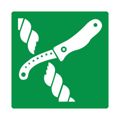 Green sign liferaft knife. Designation the place where a knife intended for cutting ropes, cords or other materials during deployment liferafts or emergency release is stored. ISO 7010. Rescue knife.