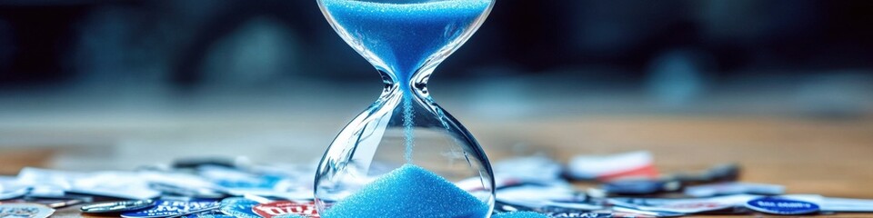 Mesmerizing Blue Hourglass Centered on Table with Colorful Board Game, Sand Timer Symbolizing Time Management and Strategic Thinking Amid Board Game Pieces