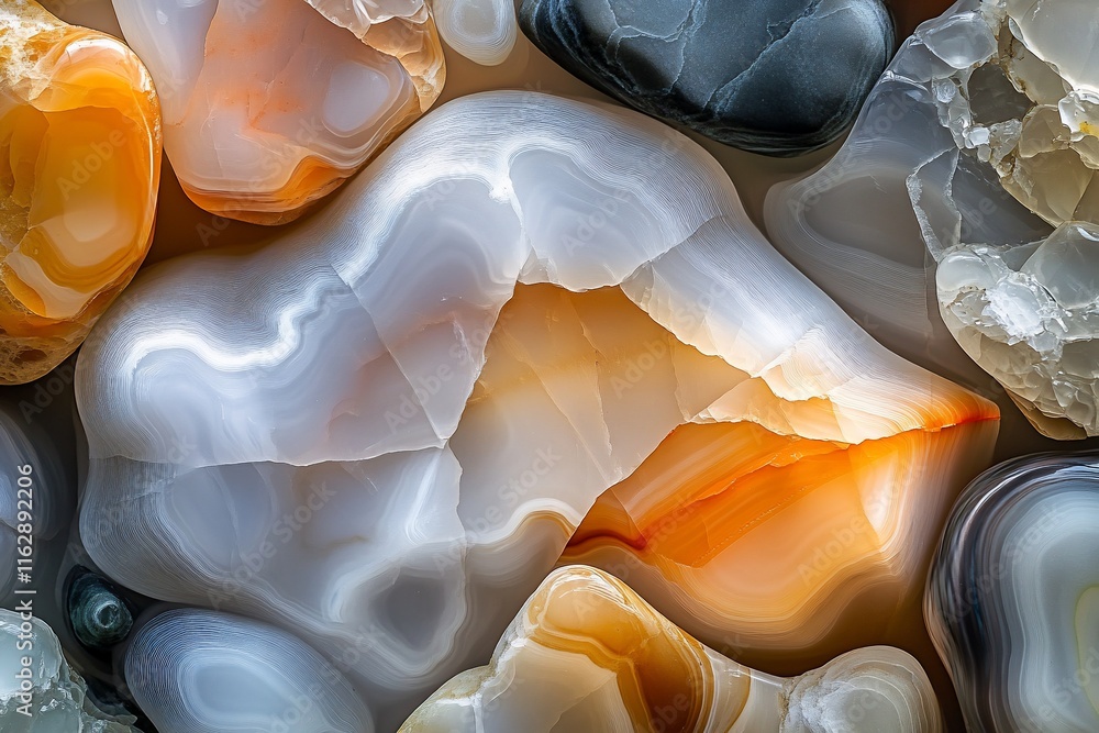 Poster close-up of polished agate stones showing intricate banding and color variations.