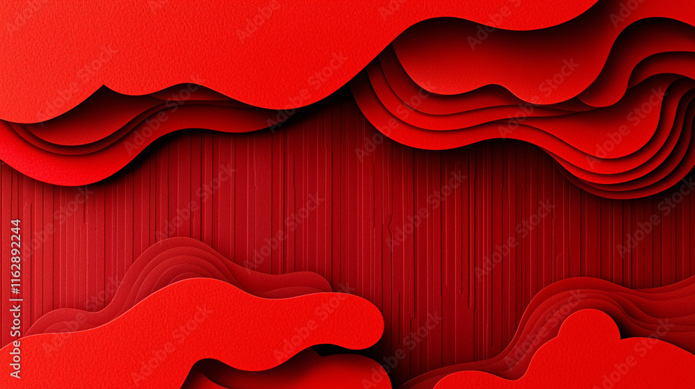 Poster a vibrant, abstract background featuring layered red shapes with varying textures, creating a dynami
