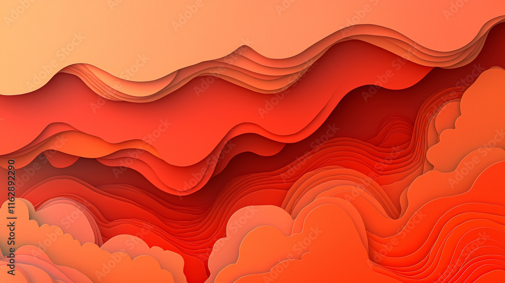 Poster a vibrant abstract design featuring layered waves of red and orange, creating a sense of depth and m