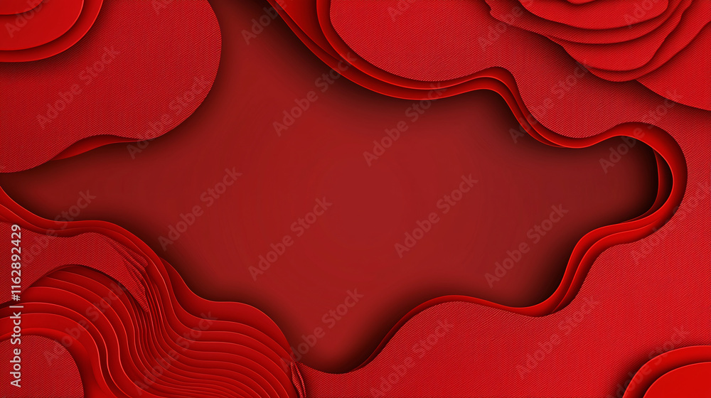 Poster a vibrant red abstract background with layered floral shapes, creating a dynamic texture and invitin