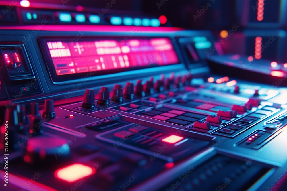 Poster close-up of a sound mixing console with colorful lights.
