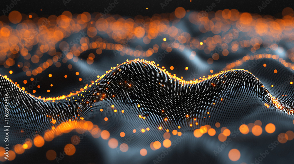 Poster a visually stunning abstract representation of flowing waves composed of glowing particles, evoking 