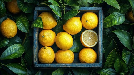 Vivid yellow lemons in a rustic wooden crate