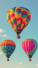 Obraz premium Colorful hot air balloons floating in clear sky with soft clouds, perfect for travel, adventure, outdoor events, summer festivals, and vacation background with bright blue and warm tones