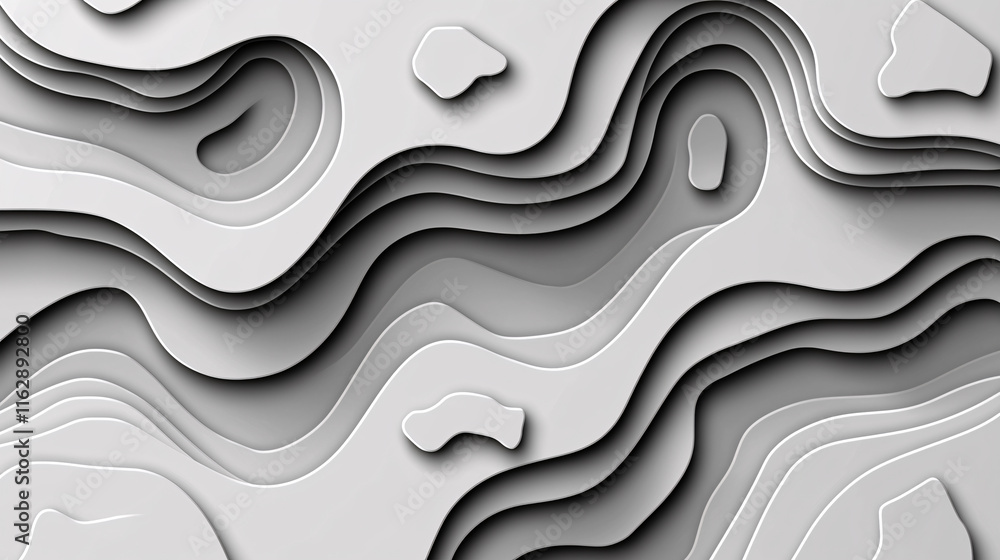 Poster a minimalist, abstract design featuring layered waves and contours in shades of gray, creating depth