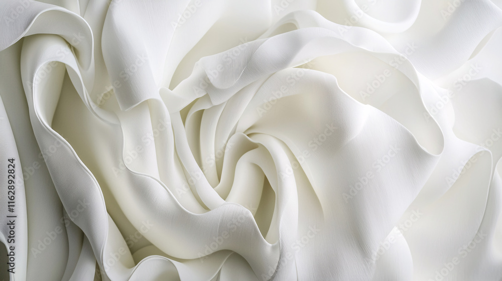Poster a close-up view of soft, flowing white fabric, showcasing intricate folds and a smooth texture.