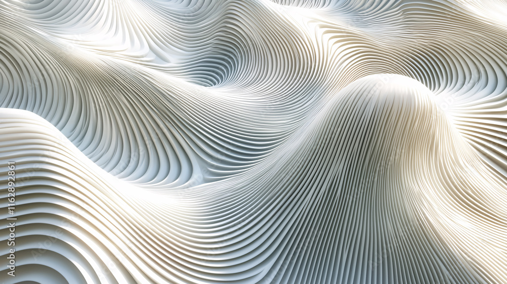 Poster a smooth, undulating landscape of white waves showcases intricate patterns, creating a serene and ab