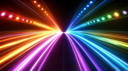 A vibrant explosion of colorful light beams converging towards a central point.