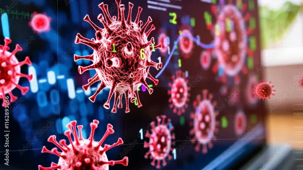 Poster digital illustration of virus and data visualization exploring impact of infection on health and tec