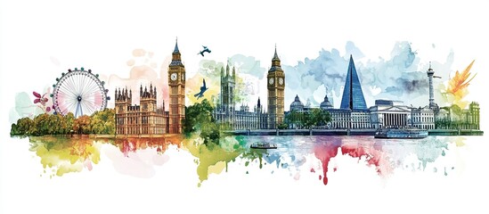 Watercolor London skyline with iconic landmarks.