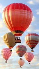 Obraz premium Colorful hot air balloons floating in blue sky during sunrise, perfect for travel, adventure, festival, vacation, inspirational or outdoor themed projects with vibrant, warm tones and scenic views