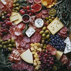Overhead shot of a gourmet cheese and meat platter with olives, grapes, and rosemary.