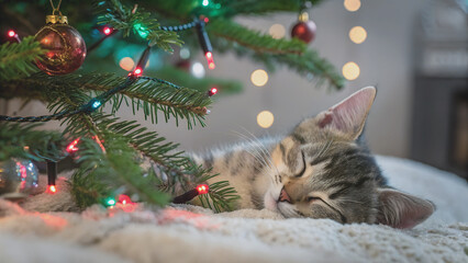 Obraz premium A kitten rests peacefully beneath a twinkling Christmas tree, bathed in warm holiday light.Festive Christmas lights illuminate a sleeping kitten nestled on a soft surface.