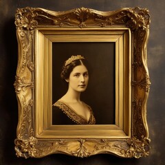 Elegant portrait of a royal  in a vintage golden frame with intricate details, set against a...