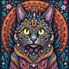 Artistic cat portrait with intricate patterns and vibrant colors