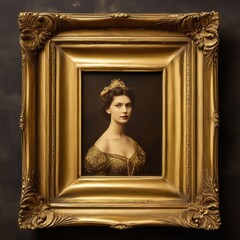 Elegant portrait of a royal  in a vintage golden frame with intricate details, set against a...