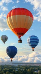 Fototapeta premium Colorful hot air balloons floating peacefully in blue sky during sunset, perfect for travel, adventure, tourism, outdoor events, nature, and festive celebration background with clouds and landscape h