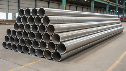 A substantial stack of industrial-grade steel pipes, neatly arranged in a pyramid shape.Rows of long, cylindrical steel pipes, ready for use in a manufacturing facility.