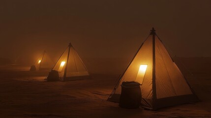 Tents illuminated in a foggy desert landscape, creating a serene camping atmosphere.