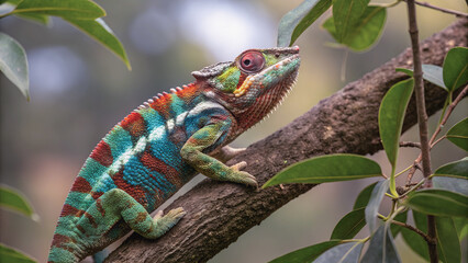 A vibrant chameleon, showcasing its remarkable color-changing ability, clings to a branch amidst lush foliage.Close-up of a chameleon's intricate, multicolored scales, blending seamlessly with the sur