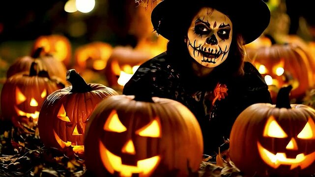 a skeleton  and  jack-o-lanterns