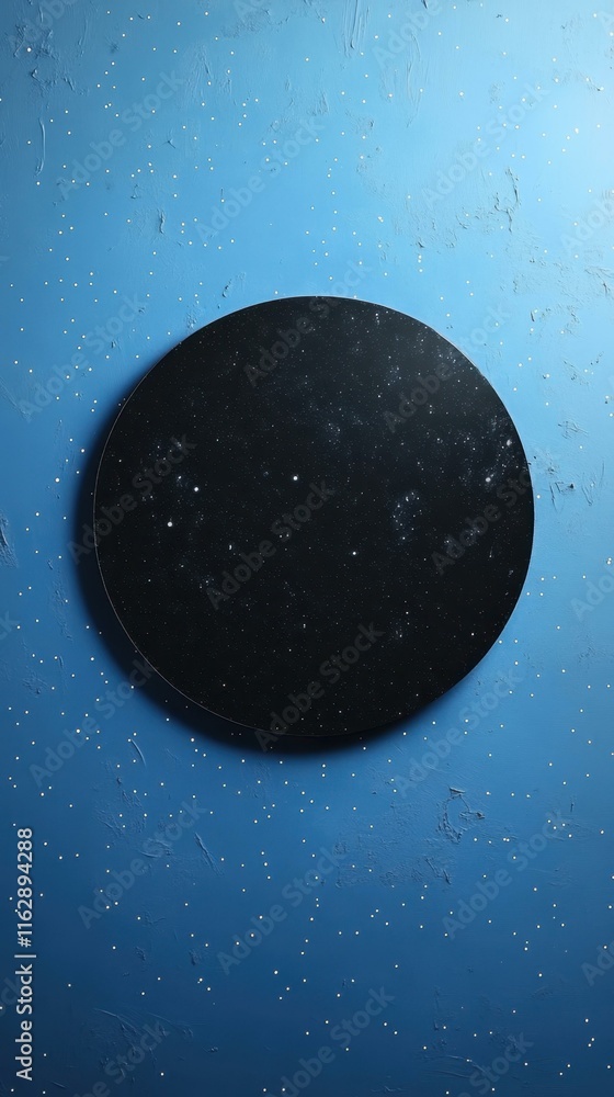 Poster black round disk object with textured surface lying on blue gradient background, abstract minimal de