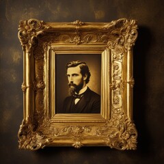 Elegant portrait of a royal  in a vintage golden frame with intricate details, set against a...