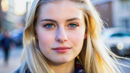 Close-up portrait of a young woman with striking blue eyes.Blond hair cascading around a serene face, showcasing natural beauty.Urban backdrop subtly hints at the setting.