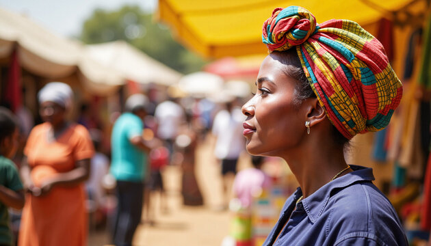 Woman with colorful headwrap looking thoughtfully in market