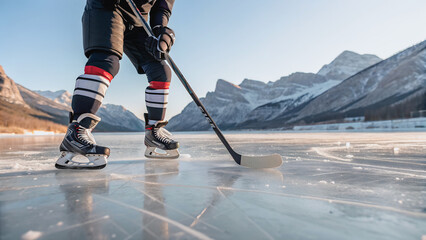 A hockey player glides across the frozen lake.  A hockey player on a frozen lake, surrounded by snow-capped mountains.