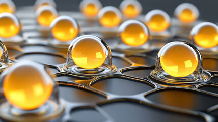 3D bubble chart, glowing spheres, dynamic reflections, sleek reflective surface. Modern data visualization, complex relationships, dynamic analysis.