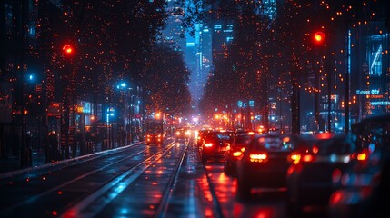 Fototapeta premium Night Cityscape Rainy Street Traffic Lights Glow
