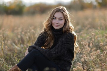 Obraz premium Serene young woman enjoying nature sitting in tall grass with mountains in the background
