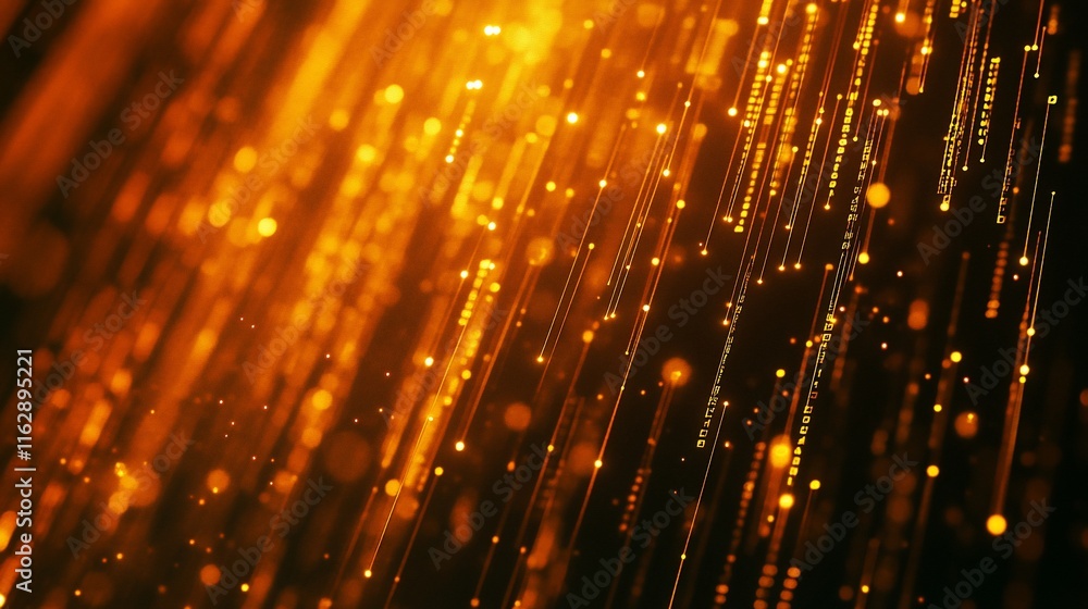 Poster abstract background with golden particles and light streaks.