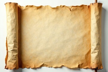 Ancient parchment scrolls partially unrolled on a plain white surface, paper, document, antiquity